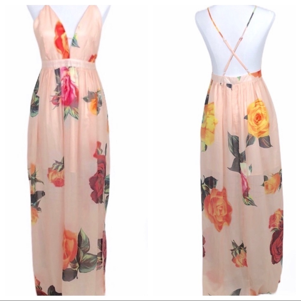 L’artiste bold rose floral low back maxi dress